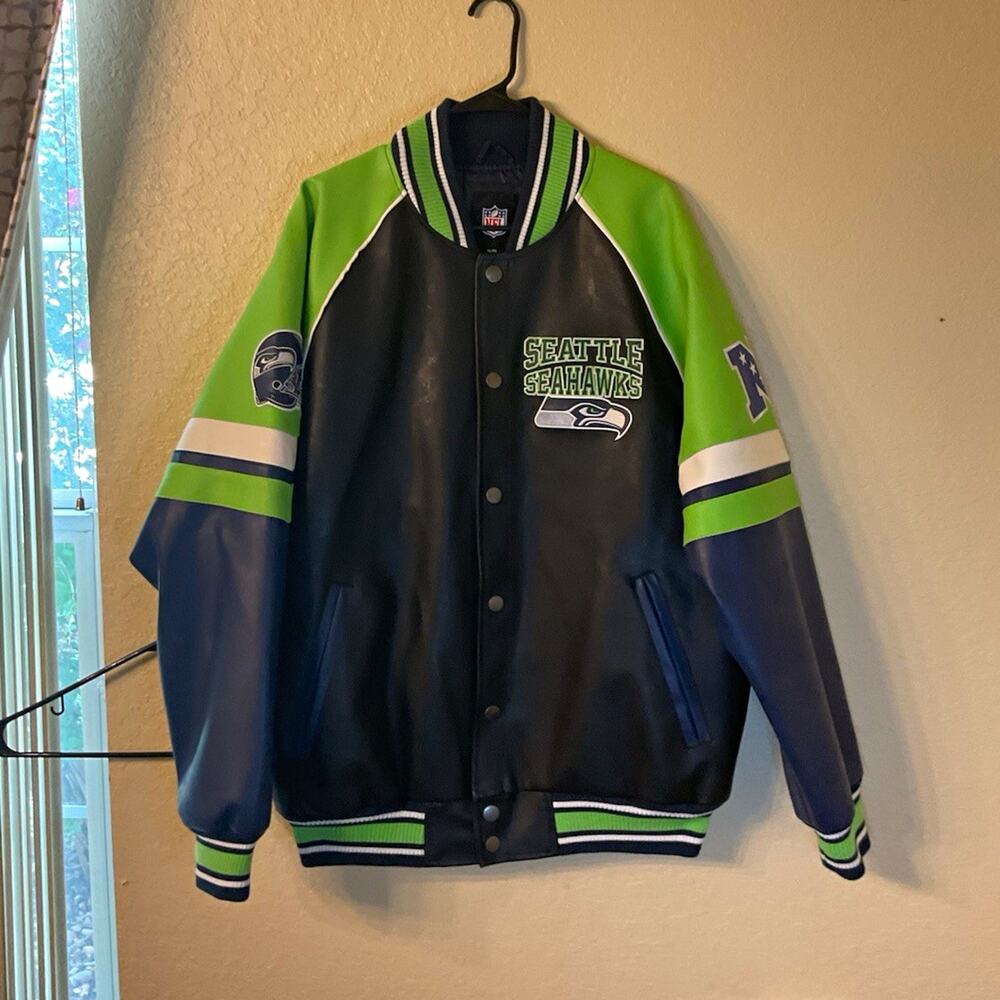 NFL Seattle Seahawks G-III Varsity Jacket Mens XL Faux Leather Full Snap Bomber